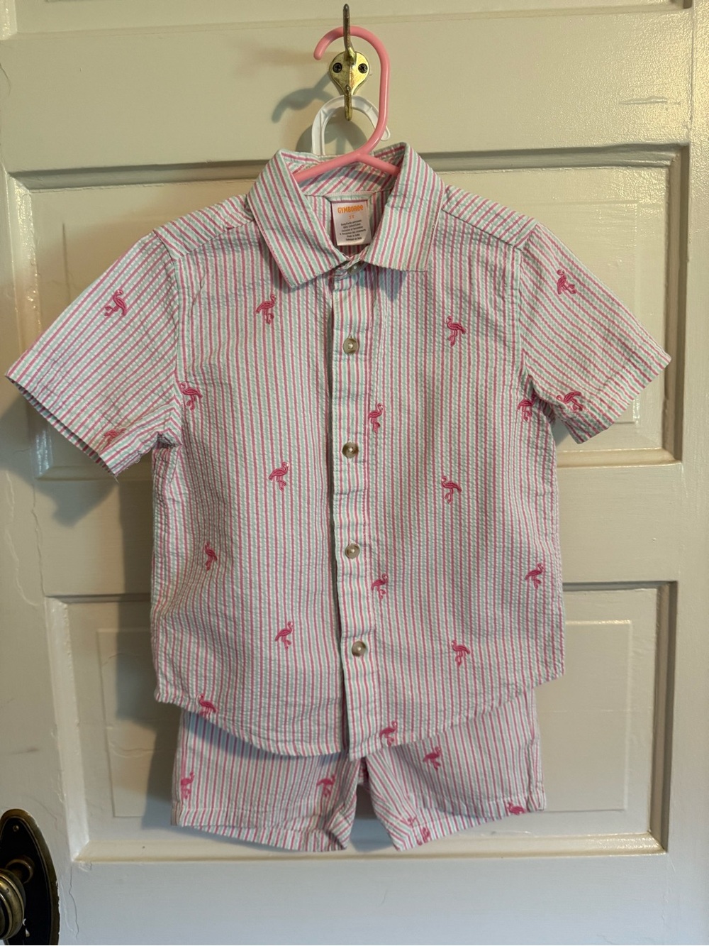 Gymboree Striped Button-Down Shirt with Flamingo Print and Matching Shorts Set